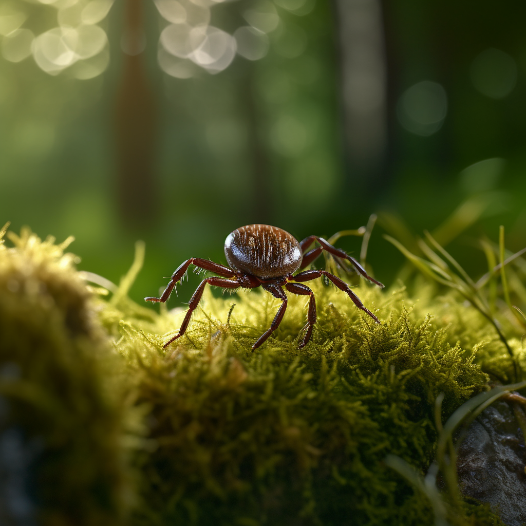 a detailed close up of a tick clinging to a blade of tall grass in a dense green forest