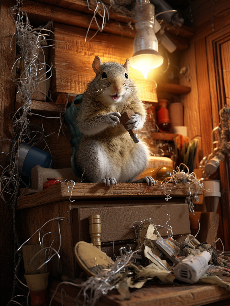 a realistic scene of a gray or brown squirrel in the cluttered space of an attic