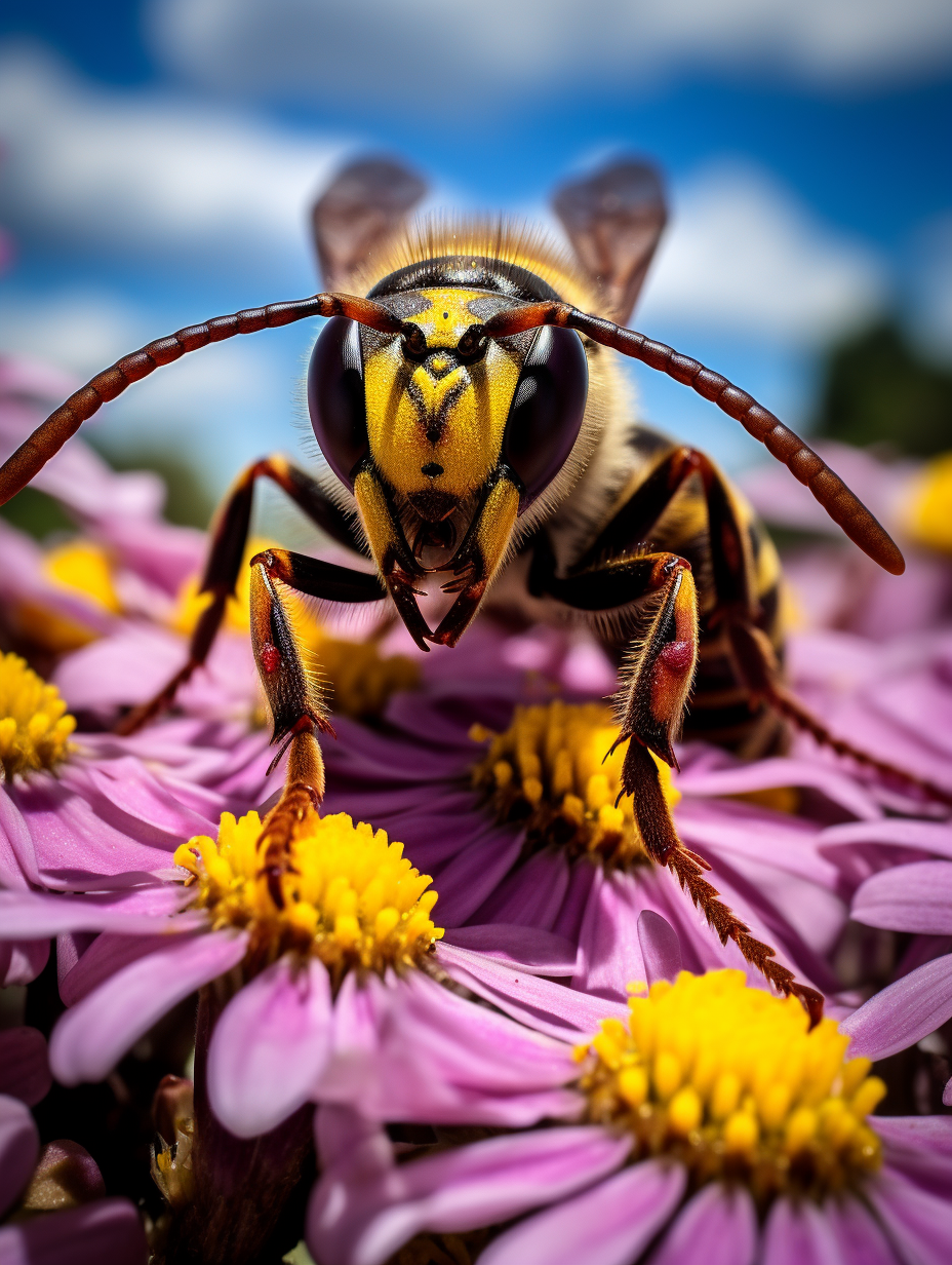a hornet foraging on a flower the hornets size and detailed features including its large mandibles and striking coloration are prominent