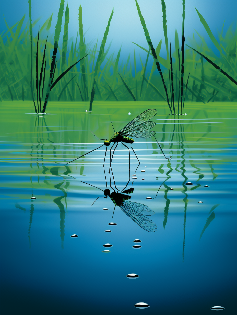 a serene scene where a mosquito is resting on the surface of still water perhaps in a pond or a puddle