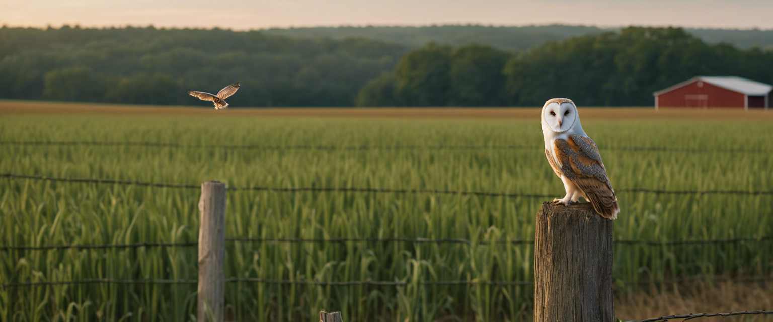 an image showcasing an arkansas farmer standing in a lush field surrounded by neatly fenced crops and content livestock while a vigilant barn owl perches atop a weathered wooden post symbolizing effective rodent control in agriculture