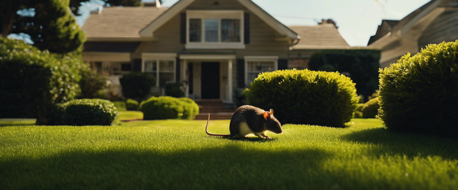 an image showcasing an idyllic suburban neighborhood with perfectly manicured lawns contrasted against a menacing silhouette of a rat lurking in the shadows
