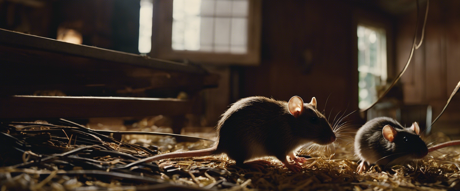 an image that portrays a cozy arkansas farmhouse with rats scurrying in the attic while a concerned homeowner inspects their chewed wires and droppings emphasizing the urgency and need for effective rodent control measures