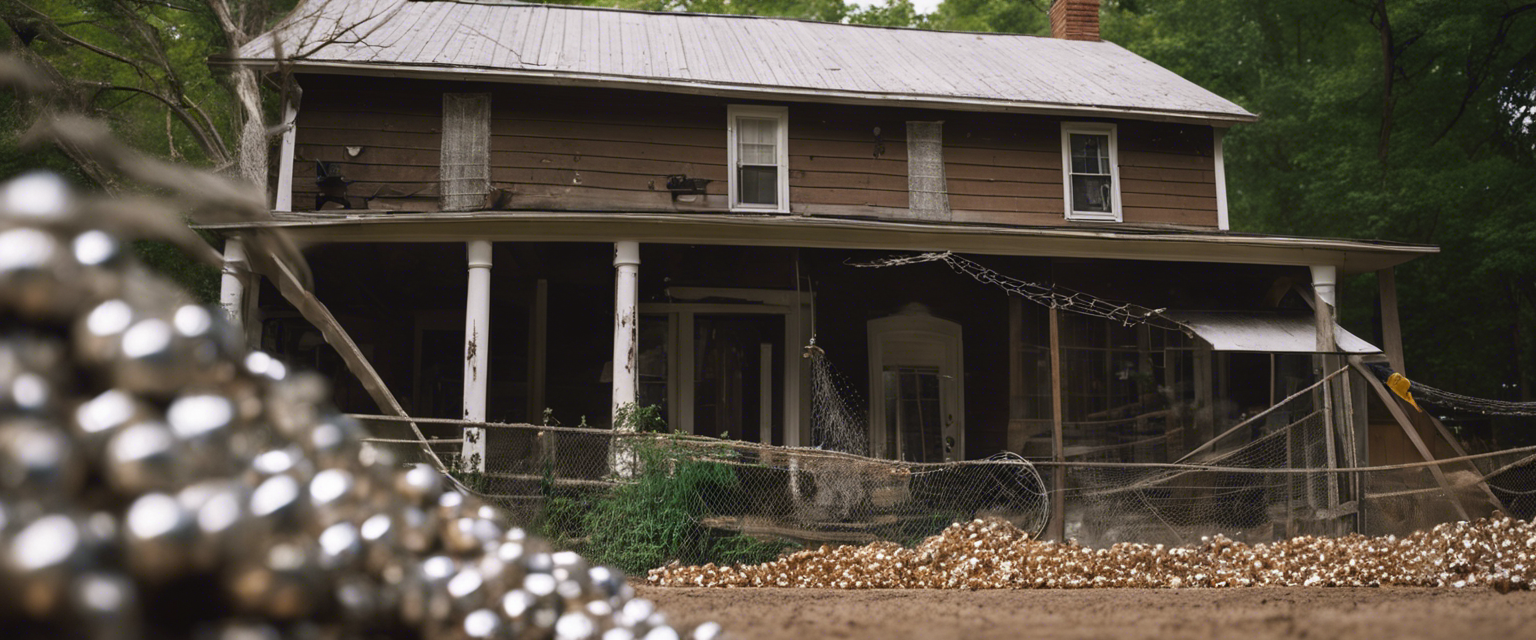 an image depicting a well maintained arkansas home surrounded by a barrier of crushed oyster shells and wire mesh while a vigilant homeowner inspects their property for rodent entry points using steel wool and sealing gaps with weather resistant caulk