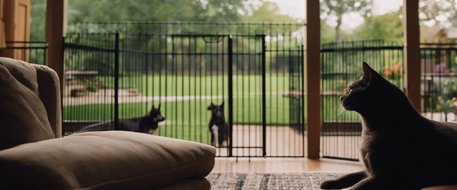 an image showcasing a cozy living room with a secure pet gate surrounded by a lush arkansas backyard