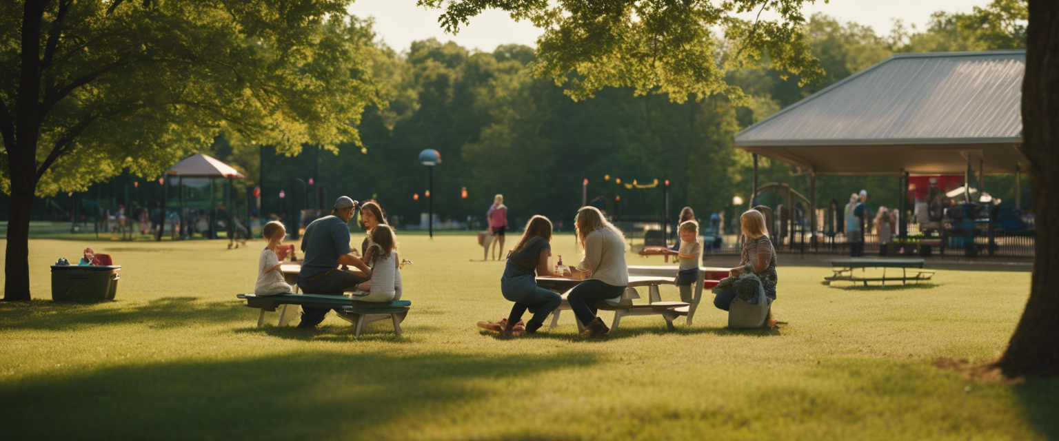 an image showcasing a serene arkansas park scene with families picnicking near a playground