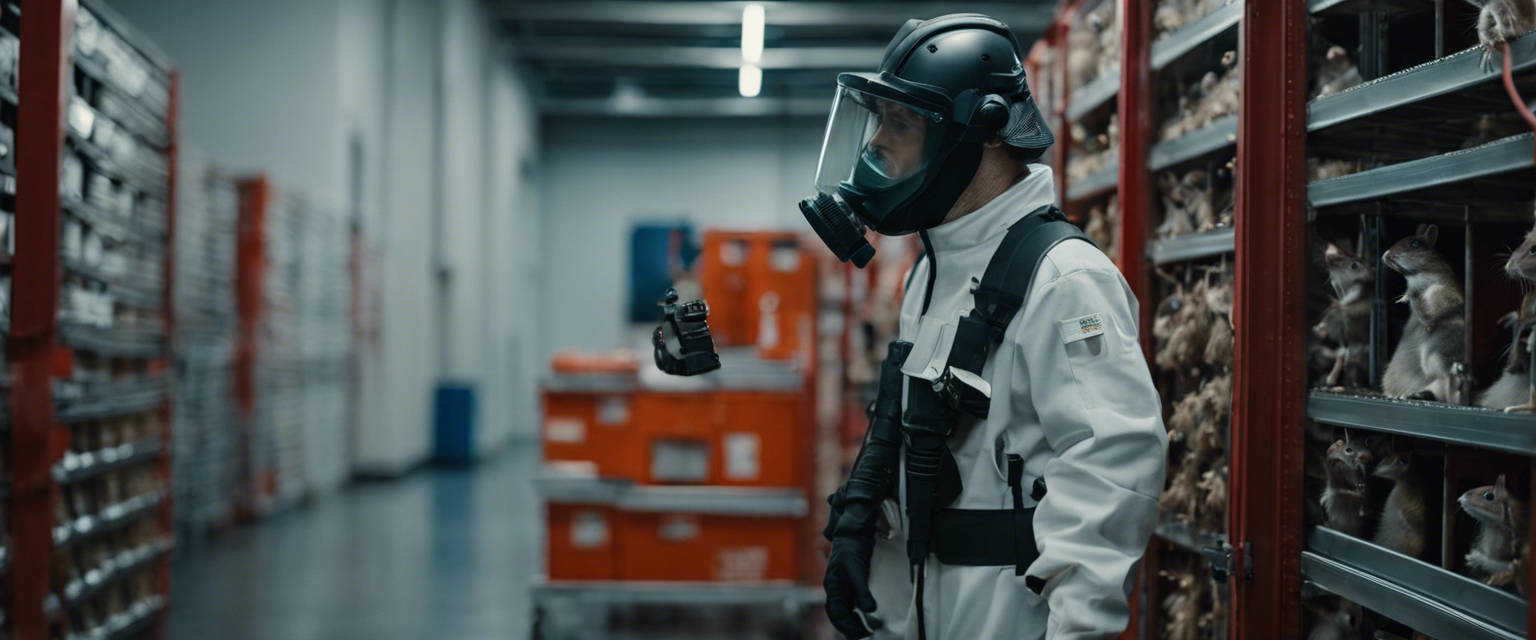 an image showcasing an exterminator in full protective gear diligently inspecting a squeaky clean storage facility