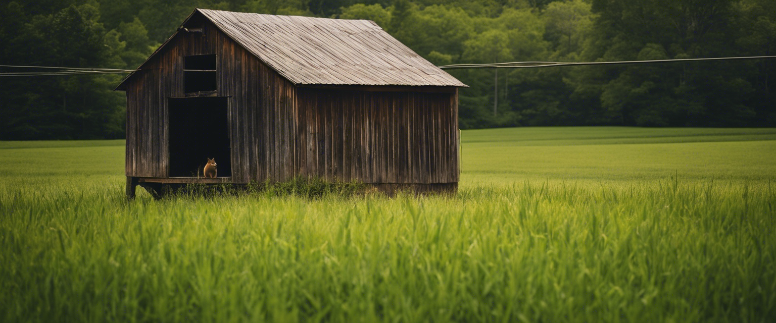 an image featuring a cozy wooden barn in rural arkansas surrounded by lush green fields