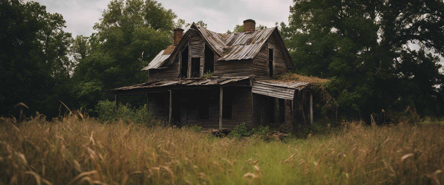 an image showcasing a dilapidated arkansas farmhouse overrun by rats
