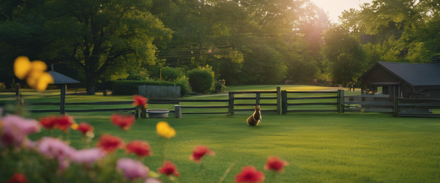 an image showcasing a serene backyard with lush green grass vibrant flowers and a neatly placed bird feeder