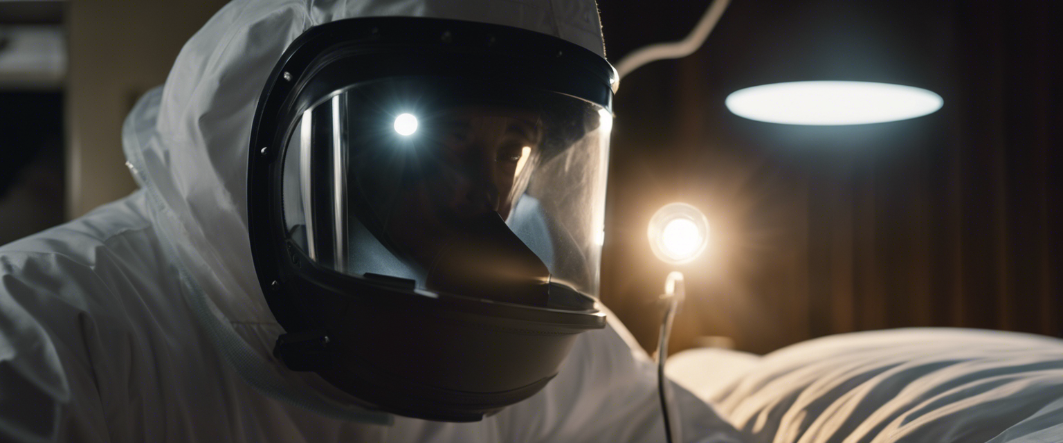 an image featuring a professional pest control technician in protective gear meticulously inspecting a bed with a flashlight while nearby a steamer emits high pressure steam to eradicate bed bugs showcasing the best treatments available in arkansas