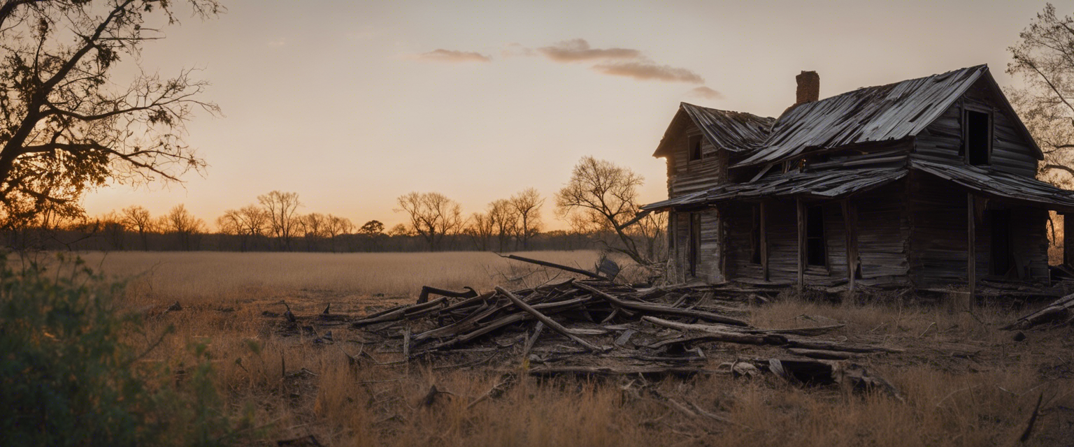 an image showcasing the aftermath of termite infestation in arkansas a dilapidated farmhouse with crumbling wooden walls surrounded by fallen trees and a barren lifeless landscape depicting the devastating extent of termite damage