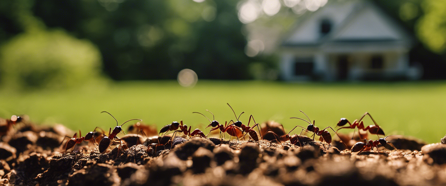an image showcasing a serene arkansas landscape featuring a meticulously maintained yard with fire ant mounds eradicated