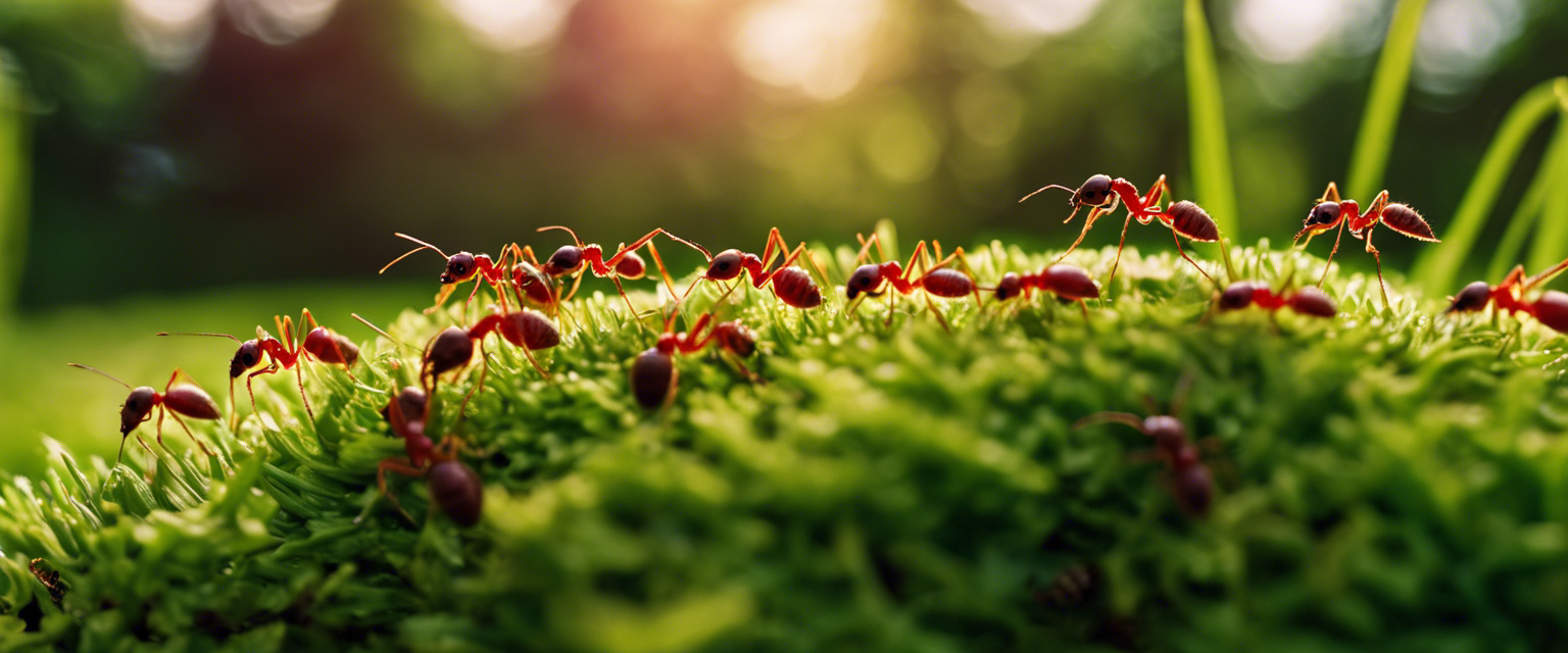 an image capturing the chaos of an arkansas backyard invaded by fire ants a crimson army marching relentlessly across lush green grass leaving unwelcome mounds as they disrupt the tranquil scenery