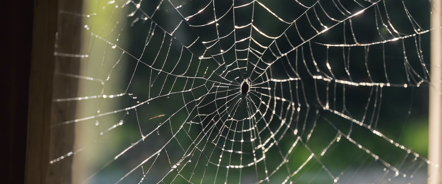 up image of a spider web intricately woven between the corners of a cracked window frame with a blurred background of an arkansas homes interior subtly hinting at the invasion of spiders