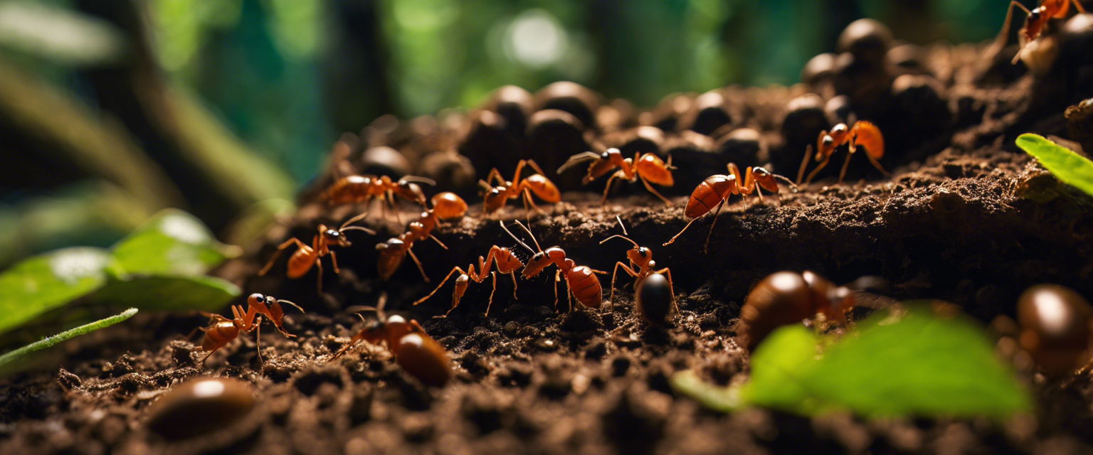an image depicting an underground anthill with a queen ant at its core surrounded by intricate tunnels leading to chambers of eggs larvae pupae and worker ants tirelessly foraging for food in the lush forests of northwest arkansas