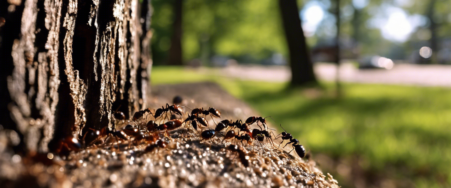 an image capturing the bustling activity of a carpenter ant colony in a decaying tree trunk while fire ants scurry nearby and pavement ants march in a neat line along a sidewalk in northwest arkansas