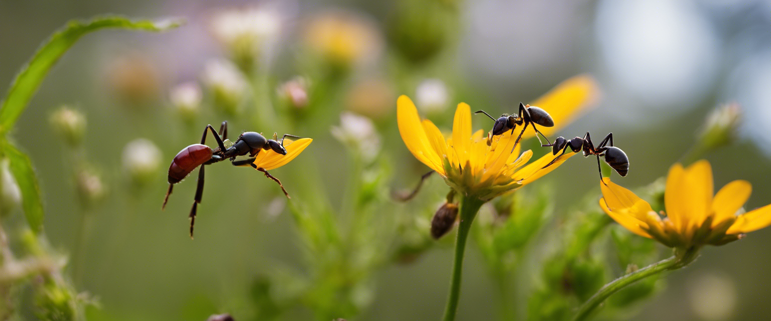 an image showcasing the intricate ballet of northwest arkansas ecosystem with ants diligently foraging for food tending to aphids on vibrant wildflowers and aerating the soil highlighting the vital role they play in sustaining this unique natural balance