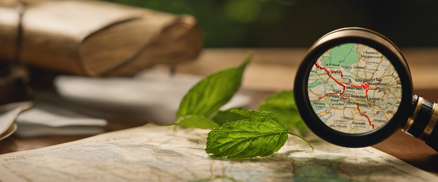 an image featuring a magnifying glass focusing on a map of arkansas surrounded by various spiders natural repellents like peppermint leaves and a small eco friendly spray bottle